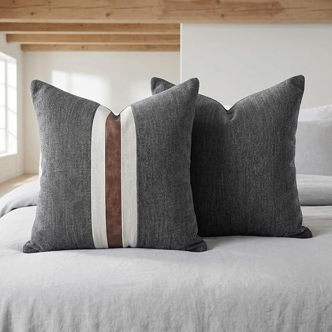 Set of 2 Leather Throw Pillow Covers Cotton Linen Decor Patchwork Pillow Cover Faux Leather Pillows Cover for Couch Sofa Living Room Bedroom,Black 20"x20"