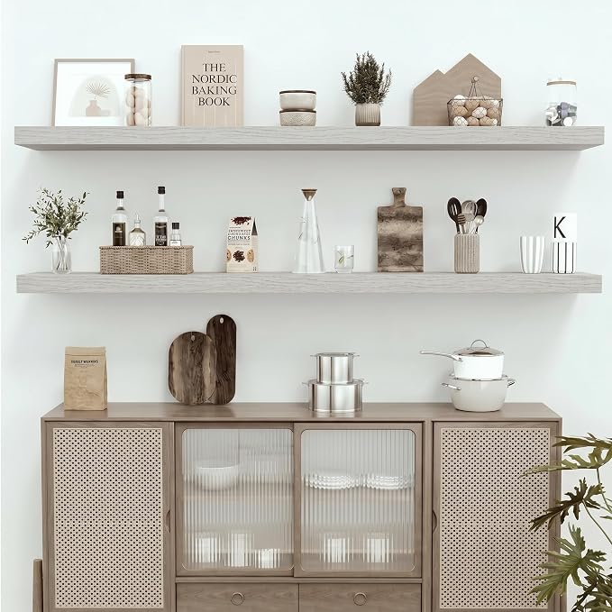 Vivelove 12" Deep Floating Shelves with Invisible Brackets, 60" Wall Shelves for Bathroom Bedroom Kitchen Living Room Laundry Room, Modern Rustic Shelves for Home, 60"x12"x2", Set of 1, White Birch