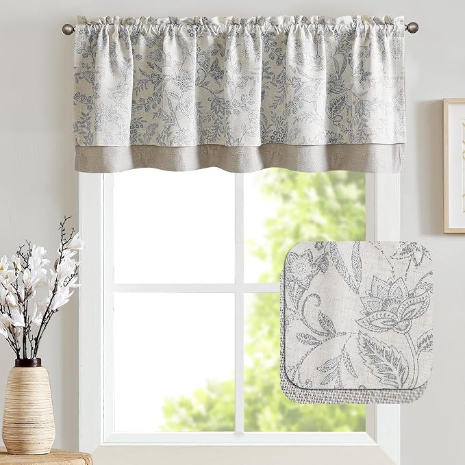 jinchan Linen Valance Curtain Farmhouse Grey Floral Printed Small Window Curtain for Kitchen Rustic Country Light Filtering Valance for Living Room Bedroom 18 Inch Rod Pocket 1 Panel Gray on Beige