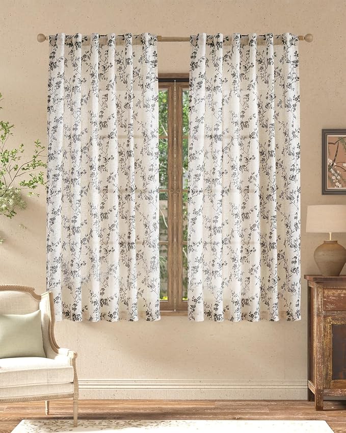 jinchan Black Floral Linen Curtains 63 Inch Farmhouse Back Tab 2 Panels | Flower patterned drapes, french country, printed, privacy, light filtering, bedroom, living room, dining room, home decor
