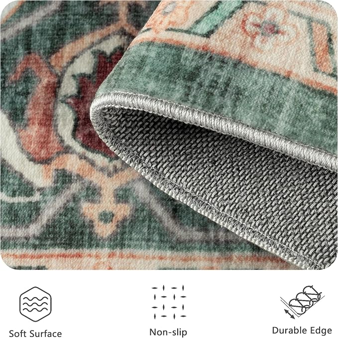 8x10 Area Rugs for Living Room - Washable Rug Vintage Distress Boho Medallion Rugs for Bedroom, Soft Non-Slip Backing Low Pile Carpet for Dining Room Office Nursery Dorm Home, Green Brown