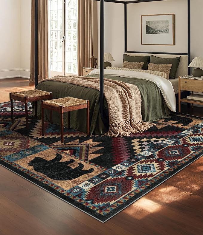 YIHOUSE Rustic Cabin Area Rug for Living Room 8x10,Machine Washable Lodge Bear Rug,Non-Slip Low Pile Print Pattern Western Rug for Bedroom