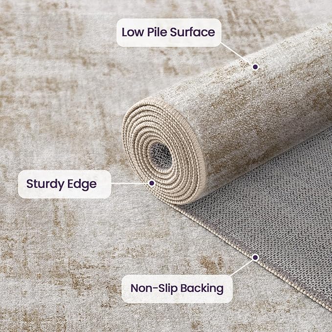 DEXI Washable Area Rug for Living Room 8x10, Modern Abstract Soft Indoor Large Rugs, Stain Resistant Low Pile Carpet with Non Slip Backing for Dining Bedroom Office, Khaki