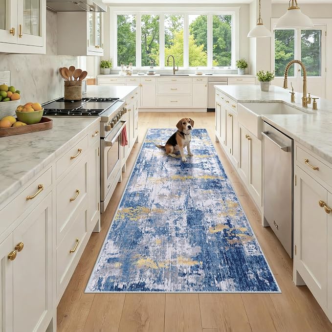 RELEANY Washable Area Rugs 3x8 Non-Slip Modern Abstract Soft for Living Room Entryway Bedroom Kitchen, Print Pattern, Grey Blue Gold/Golden