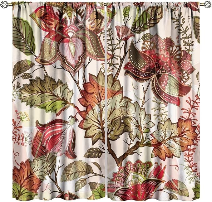 Bohemian-Themed Curtains, Indian Mandala-Inspired Green Plant Window Treatments, Blackout Curtains for Bedrooms, Living Rooms and Kitchens63X63 Inch