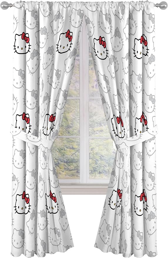 Jay Franco Window Curtains for Bedroom 4-Piece Drape Set with 2 Tiebacks, White - Hello Kitty, 42" W x 84" L (Pack of 2)