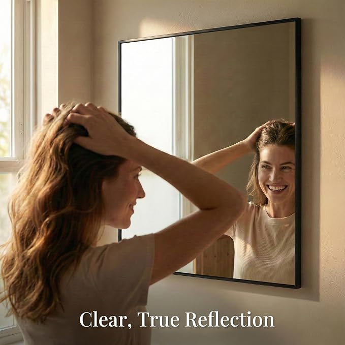 30"x30" Matte Black Framed Square Bathroom Vanity Wall Mirror | Accent Wall Mirror, Square Geometric Look, Slim Metal Frame, Living Room, Entryway, Keyhole Mount, Tempered Glass