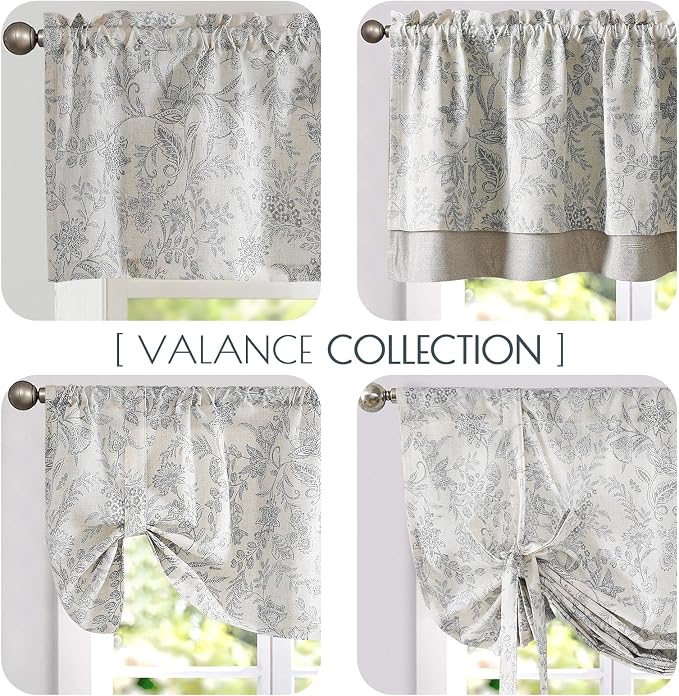 jinchan Linen Valance Curtain Farmhouse Grey Floral Printed Small Window Curtain for Kitchen Rustic Country Light Filtering Valance for Living Room Bedroom 18 Inch Rod Pocket 1 Panel Gray on Beige