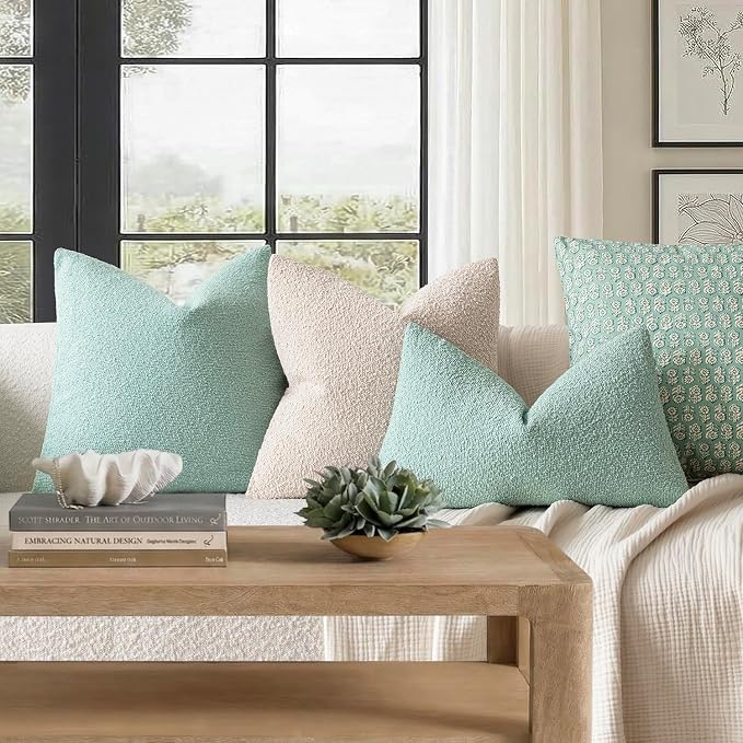 Foindtower Pack of 2, Decorative Textured Boucle Throw Pillow Covers Neutral Accent Solid Pillow Cases Cozy Soft Couch Cushion Case for Chair Sofa Bedroom Living Room Home Decor 22x22 Inch Aqua Blue