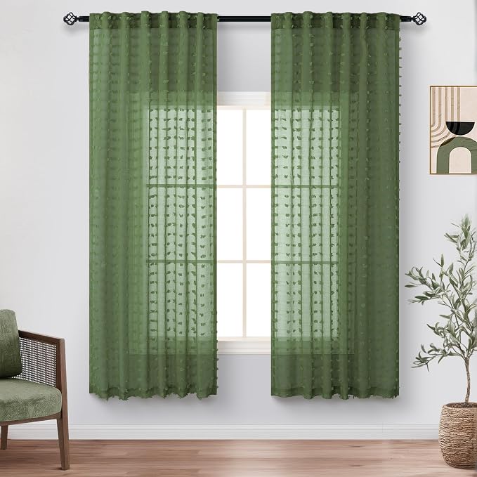 Olive Green Sheer Curtains 63 Inch Length for Bedroom Living Room Cute Pom Pom Patterned Modern Christmas Window Decor Country Rustic Farmhouse Boho See Through Sheer Curtain Back Tab 2 Panels 52x63