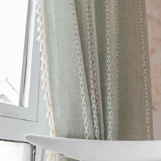 Boho Embroidery Striped Country Farmhouse Curtains - Sage Green Linen - 63 Inch Length, 2 Panels - Light Filtering - Living Room (52" W x 63" L)