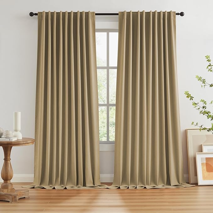 102 Inch Linen Blackout Curtains for Ceiling Track System Back Tab, Loop Pocket Curtains 72 Inch Wide Pinch Pleated Drapes for Patio Sliding Glass Door, Burlap Color/Camel,W72 x L102, 2 Panels
