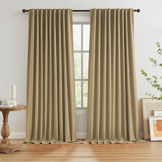 102 Inch Linen Blackout Curtains for Ceiling Track System Back Tab, Loop Pocket Curtains 72 Inch Wide Pinch Pleated Drapes for Patio Sliding Glass Door, Burlap Color/Camel,W72 x L102, 2 Panels