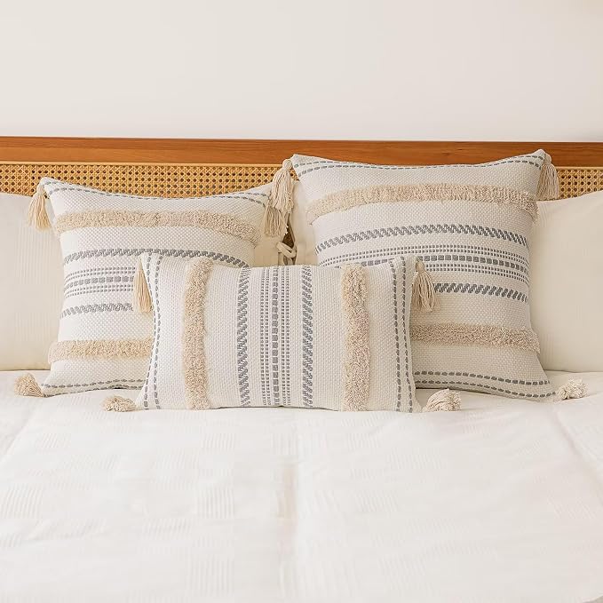 Boho Throw Pillow Covers 20x20 Set of 2 Woven Tufted Farmhouse Pillows Cover with Tassels Textured Striped Cushion Case Neutral Pillow Cases Decorative Pillowcase for Sofa, Couch, Bed, Khaki