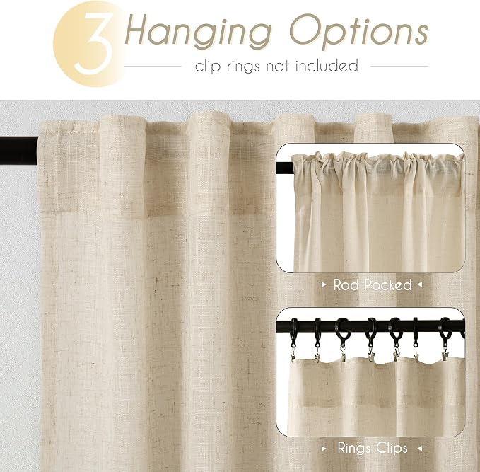 Greyish Beige Linen Curtain 96 inch Length 2 Panels Set Back Tab Light Filtering Living Room Curtain Drapes Home Office Modern Minimalist Decor Farmhouse Boho Neutral Semi Sheer Curtain 96 inch Long