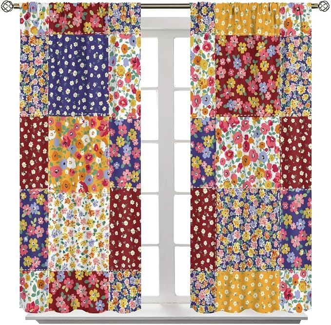 Boho Floral Patchwork Blackout Curtains Vintage Flower Bohemian Colorful Spring Retro Print Window Drapes for Bedroom Living Room Kitchen Cafe （W21xL54 Inch） x2 Panels