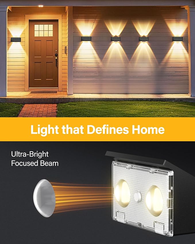 Solar Fence Lights Outdoor, 100LM Fence Lights Solar Powered Waterproof, 9 Color Modes, Up & Down LED Focused Beam, 12H Dusk to Dawn Glow for Pool/Patio/Wall/Backyard - 6 Pack, Black