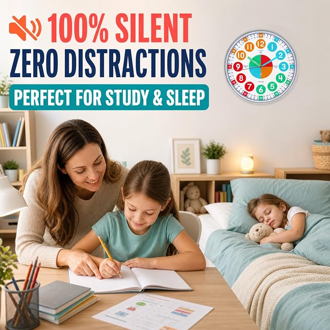 OWLCONIC Clock for Kids – Educational Analog Learning Wall Clock, Non Ticking Teaching Clock for Classroom & Homeschool, Silent Kids Bedroom Décor Bright