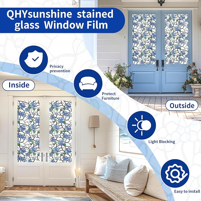 QHY Sunshine Privacy Window Film with Installation Tool Decorative Stained Glass Window Stickers Reusable Window Film (Indigo Frosted, 35.4 x 157.4)