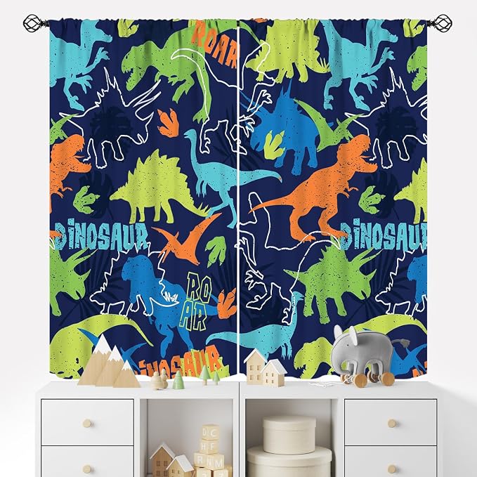 YCness Boys Dinosaur Curtains Cartoon Dino Navy Blue Blackout Kids Window Treatments for Boys Girls Children Nursery Living Room Bedroom Decor Fabric Set 2 Panel 84x84 Inch 80% Shading Rate