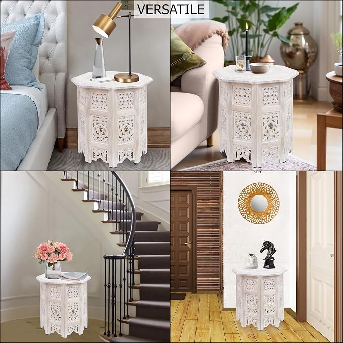COTTON CRAFT Solid Wood End Table - Hand Carved Vintage Boho Folding Side Table - Small Spaces Entryway Accent Table - Farmhouse Living Room Bedside - No Tools Assembly - 18x18 Octagon - White Wash