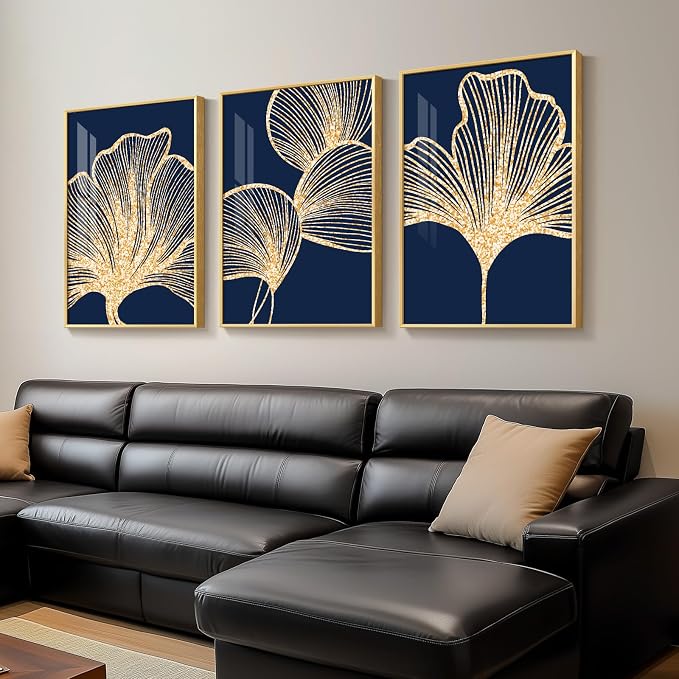 Framed Modern Luxury Wall Art for Living Room, Large Navy Blue and Gold Ginkgo Leaf Artwork for Walls, 3 Piece Contemporary Bright Style Floral Prints for Bedroom Office Hallway Wall Decor, 24x36 Inch