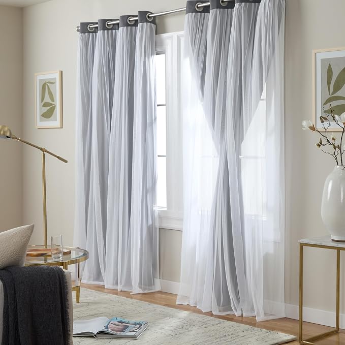 TOWN & COUNTRY LUXE Talia Double Layer Indoor Curtains, Sheer and Room Darkening Blackout, Grommet Top, Energy Efficient, 2-Pack Set, 52"x96", Black Pearl