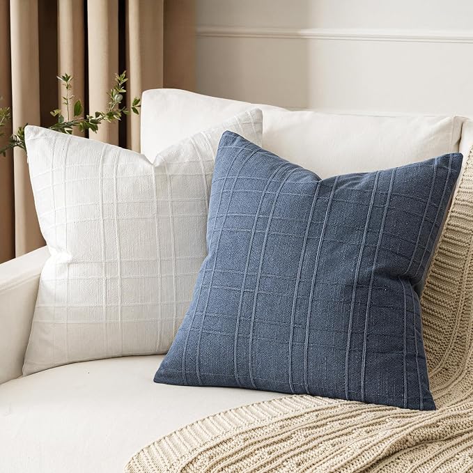 MIULEE Decorative Linen Check Euro Shams Throw Pillow Covers Neutral Farmhouse Vintage Pillow Covers 28x28 Set of 2 Boho Modern Home Decor for Sofa Couch Bedroom Cushion Blue