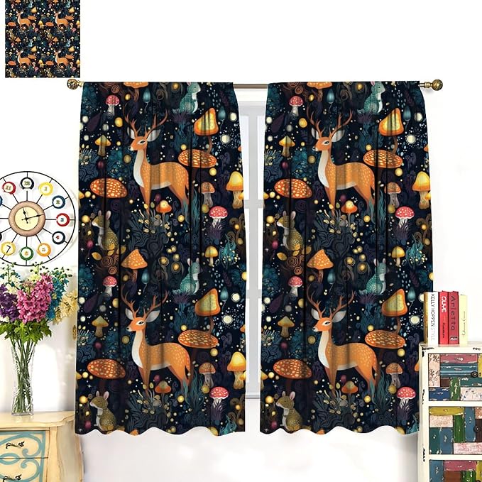 Fantasy Plant Curtains,Cute Woodland Deer Forest Animal Floral Mushroom Print Window Treatments for Bedroom Living Room Study Window Drapes 2 Panels Set,Total Size 55 x 63 Inch