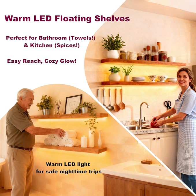 ROGMARS 36 Inches Long Walnut Floating Shelves with Led Light | Rustic Solid Wood Farmhouse Wall Shelves with Invisible Brackets for Bedroom, Living Room, Kitchen, Bathroom Set of 2
