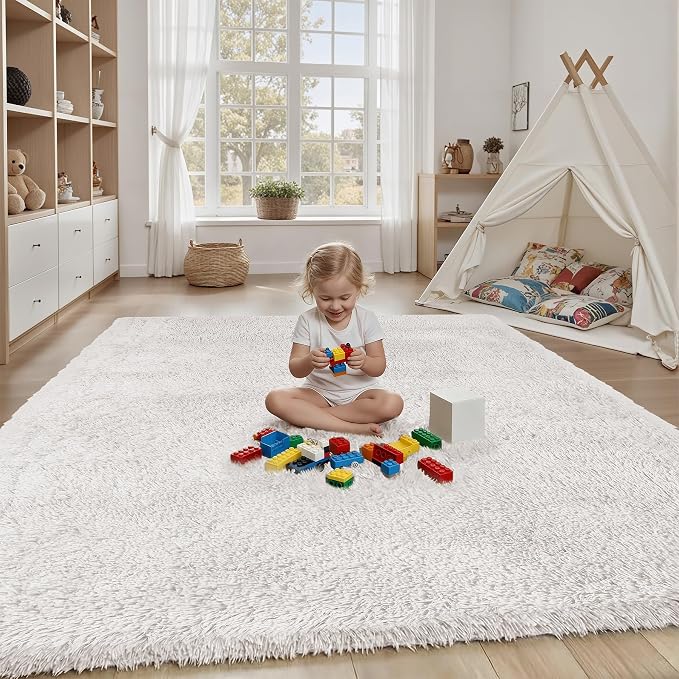 Area Rug for Living Room Bedroom: 4x6 White Soft Fluffy Shag Upgrade Non-Slip High Pile Carpet Large Fuzzy Plush Indoor Floor Decor Shaggy Rug for Kid Boys Girls Dorms Playroom Nursery Modern Home