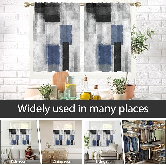 AAtter Black Blue Window Curtains for Kitchen Gray Navy White Abstract Geometric Aesthetic Small Short Home Living Room Bedroom Bathroom Drapes Treatment Tiers Fabric 1 Pair, 27.5" W x 39" L, Modern