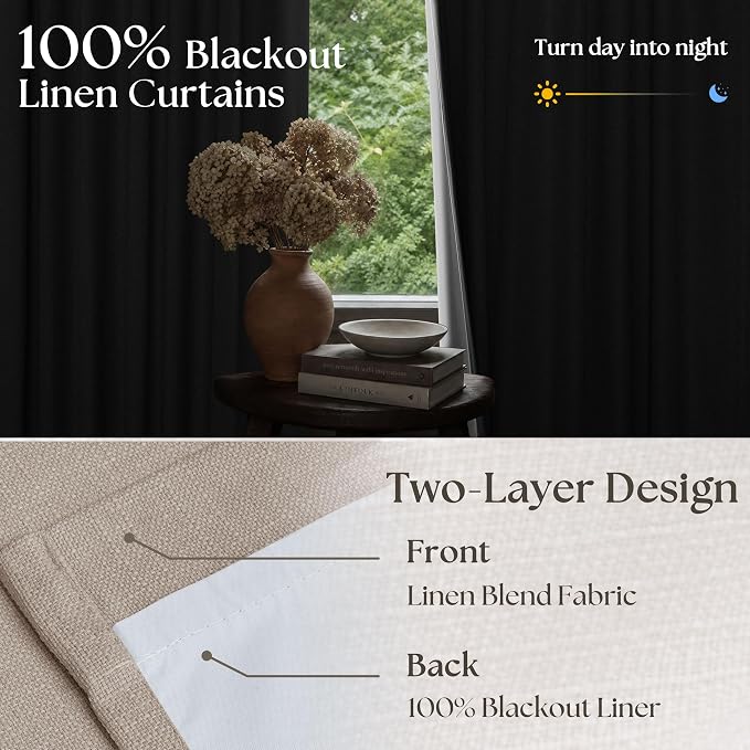 Dark Flax Linen Pinch Pleated 100% Blackout Curtains 90 Inch Length 2 Panels Set Burlywood Birch Tan Brown Pinch Pleat Curtains Black Out Blocking Room Darkening Drapes for Bedroom Living Room Window