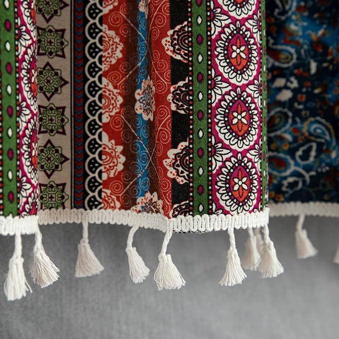 VOGOL Boho Valances for Living Room, 1 Panel Rod Pocket Geometric Printed Bohemian Valance with Stripes, Colorful Cotton Linen Short Curtain for Cafe, 59 x 18 Inches