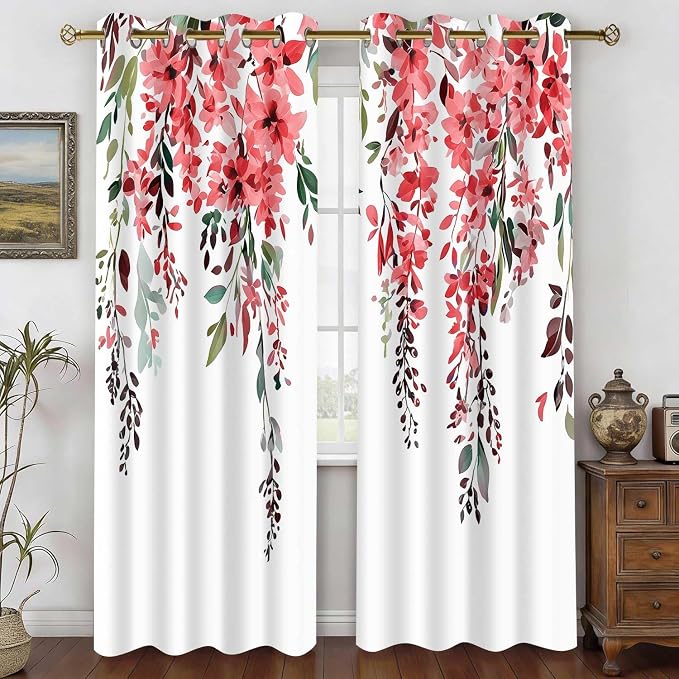 Red Watercolor Floral Curtains, Botanical Leaves Vine Flowers Curtain, Rustic Farmhouse Flower Leaf Blackout Window Treatment Drapes for Bedroom Living Room 42x90 inch, 2 Panels