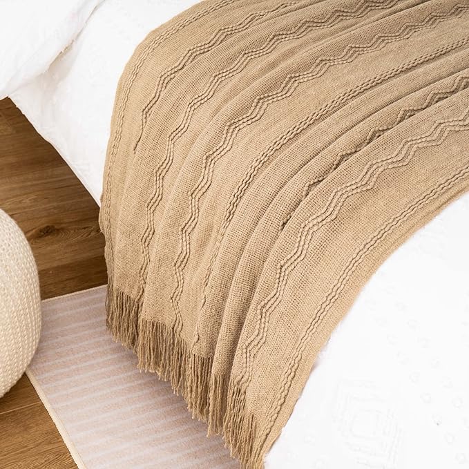 BATTILO HOME Tan Throw Blanket for Bed, Boho Decorative Blanket for Couch, Taupe Throw Blanket for Home Decor, 50"x60"