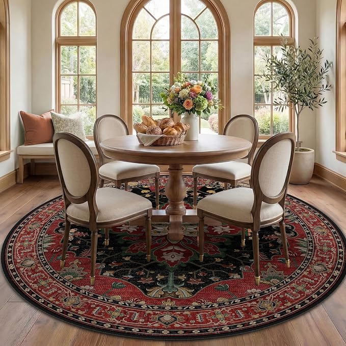 RELEANY Area Rugs Round 7ft Washable Non-Slip, Floral Vintage Distress Medallion Carpet for Living Room Bedroom Dining Room, Red Black