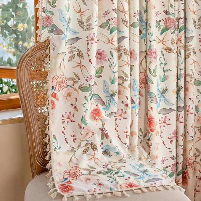 OYX Boho Floral Curtains 63 Inch, Linen Farmhouse Flower Drapes with Lace & Tassels, Light Filtering Semi Sheer Curtains for Living Room Bedroom, 2 Panels