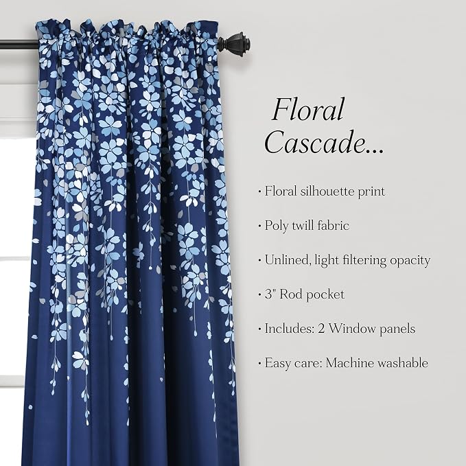 Lush Decor Weeping Flower Light Filtering Window Curtain Panels, Pair, 52"W x 63"L + 2" Header, Navy - Charming Modern Floral Curtains for Living Room, Dining Room, & Bedroom