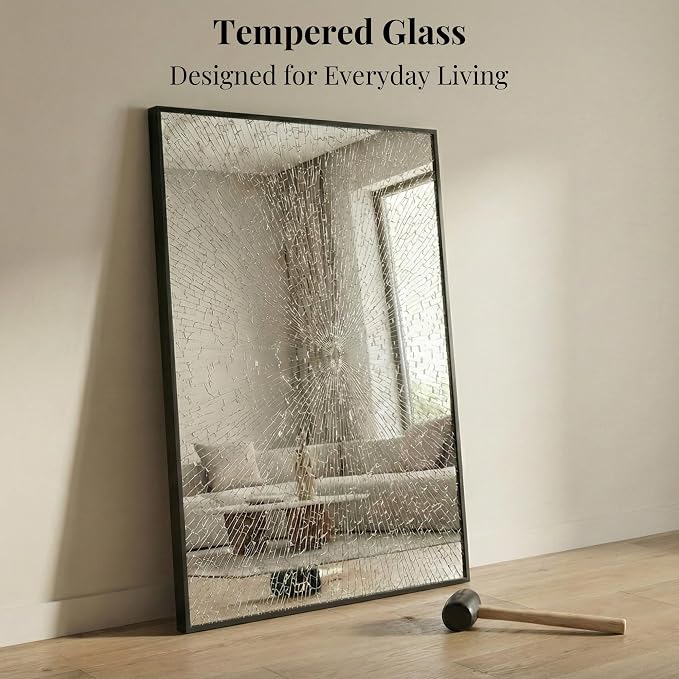 48"x30" Matte Black Large Framed Bathroom Vanity Wall Mirror | Large Vanity Wall Mirror, Slim Metal Frame, Dresser, Sideboard Use, Vertical, Horizontal Mount, Tempered Glass