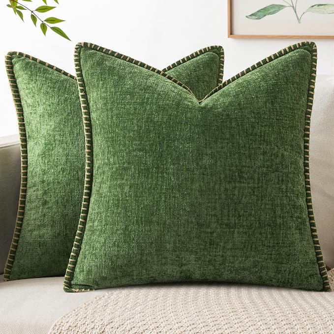 MIULEE Pack of 2 Euro Sham Pillow Covers 24x24 Inch Moss Green Farmhouse Decorative Throw Pillow Covers with Stitched Edge Soft Chenille Pillow Covers for Couch Sofa Bed Living Room, Forest Green