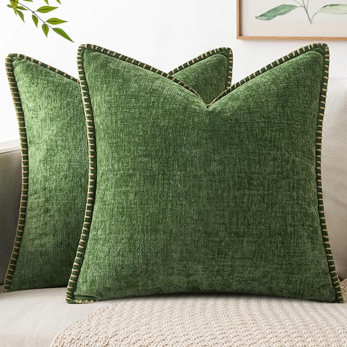MIULEE Pack of 2 Couch Pillow Covers 18x18 Inch Moss Green Farmhouse Decorative Throw Pillow Covers with Stitched Edge Soft Chenille Solid Dyed Pillow Covers for Sofa Bed Living Room, Forest Green