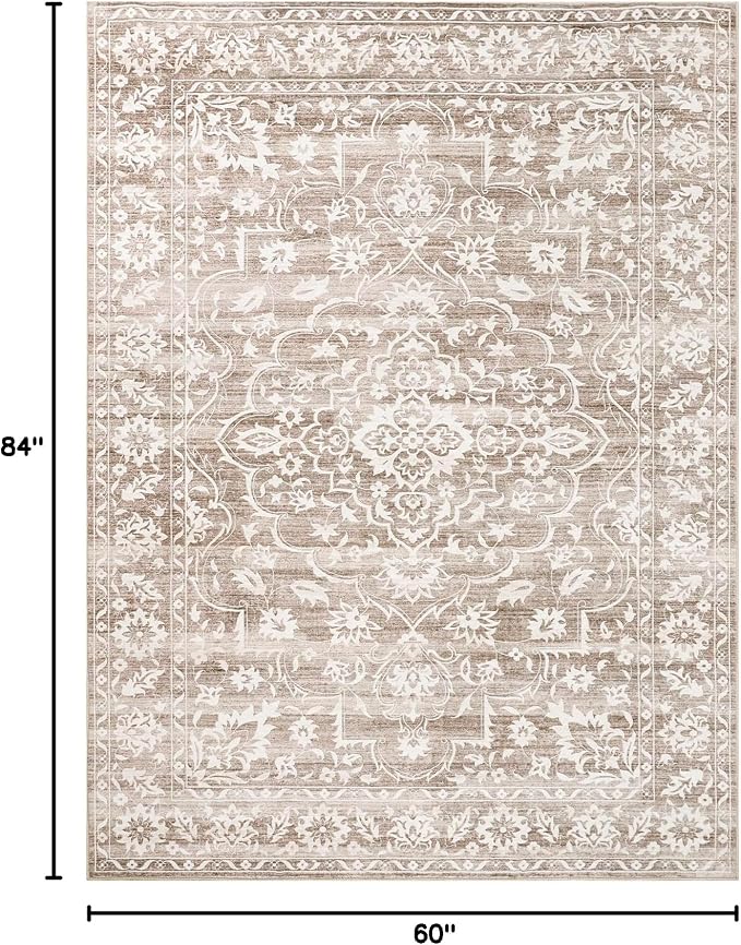 Soalmost 6x9 Area Rugs for Living Room, Washable Neutral Rug Light Brown | Vintage Floral Soft Stain Resistant Non-Slip Low Pile Thin Carpet for Dining Room Bedroom Kitchen Home Office Nursery 6'x9'