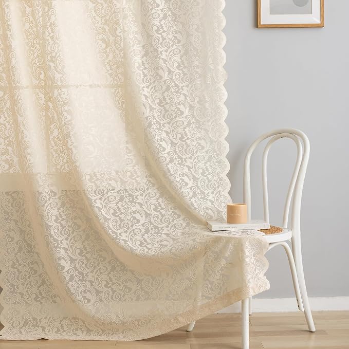 ALIGOGO Sheer Beige Curtains 72 Inch Length - Antique Embeoidered Lace Floral Crochet Curtains 2 Panels, Rustic Old House Privacy 70s Retro Closet Bedroom Window Treatment 52 x 72 Inch, Light Beige