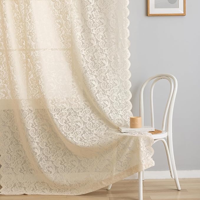 ALIGOGO Lace Beige Boho Curtains 96 Inches Long Set of 2 - Shabby Chic Semi Sheer Floral Curtains for Dining Room Rod Pocket Crochet Scalloped Edges Light Filtering Cottagecore Decor, 52 x 96 Inch