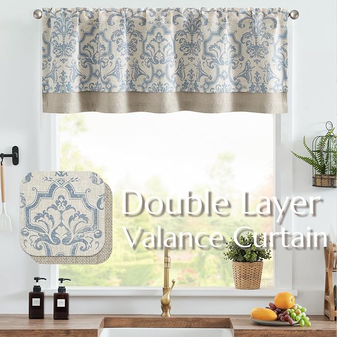 jinchan Linen Valance Curtain for Kitchen Vintage Damask Floral Light Filtering Double Layer Small Window Valance for Living Room Bedroom Bathroom 18 Inch Rod Pocket 1 Panel Light Blue on Beige