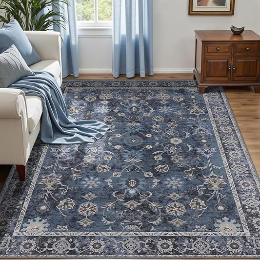 Tangsoo Washable Area Rugs 3x6 Non Slip, Boho Distressed Vintage Blue Floral Throw Rug for Bedroom Entryway, Soft Low Pile Floor Carpet Indoor Mat for Entrance Bedside Kitchen Nursery Office Farmhouse