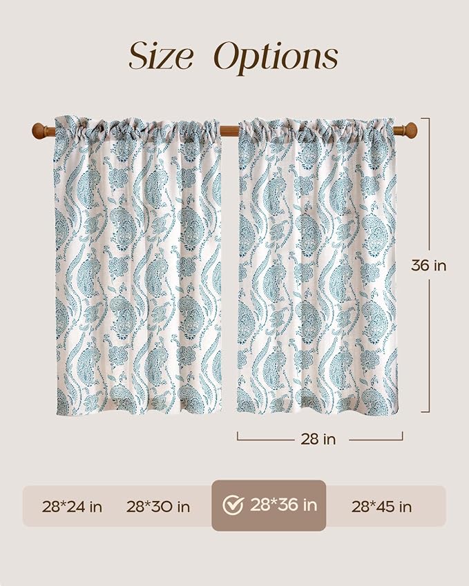 Miss Adola Farmhouse Kitchen Tier Curtains - 36 Inch Length Linen Blend Floral Cafe Curtains Blue Small Window Treatments Over Sink Rod Pocket for Bathroom Living Room Light Filtering, 2 Panels