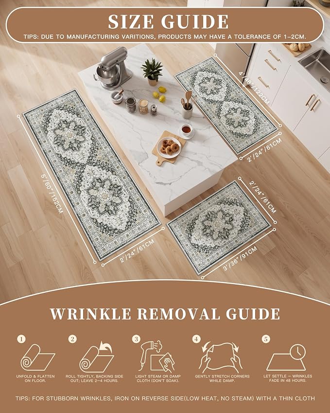 Madane 2-Piece Area Rugs Set, Small Kitchen Runner Non-Slip, Black | Rug Runners Vintage Door Mat Indoor Entrance, Low Pile Floor Carpet for Inside Front Bedroom Entryway Entry Laundry 2x3+2x4