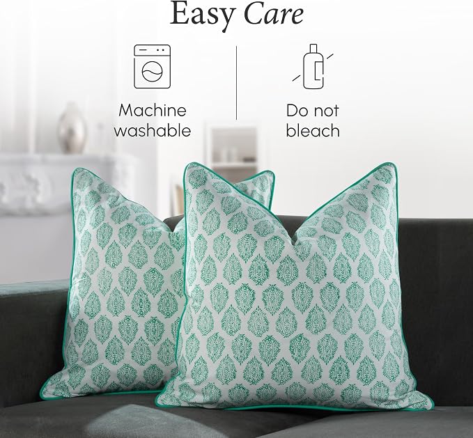 CPC 100% Cotton Throw Pillow Covers 24x24 Inch, Set of 2 Green Block Print Pattern Couch Pillow, Cute Boho Decorative Pillows for Living Room, Bedroom with Hidden Zipper- Sea Green